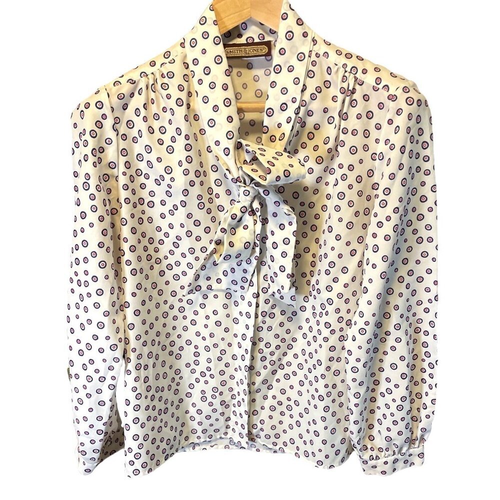 Vintage 80s 90s Smith & Jones White Patterned Neck Bow Button Down Blouse